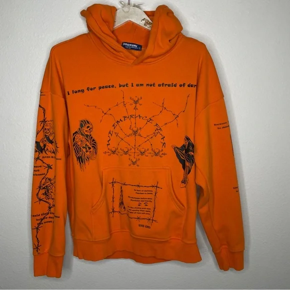 MENS NEON ORANGE UNUSUAL ORIGINAL GRIMM REAPER BARB WIRE SKULL GOTH HOODIE SZ L - Picture 2 of 9